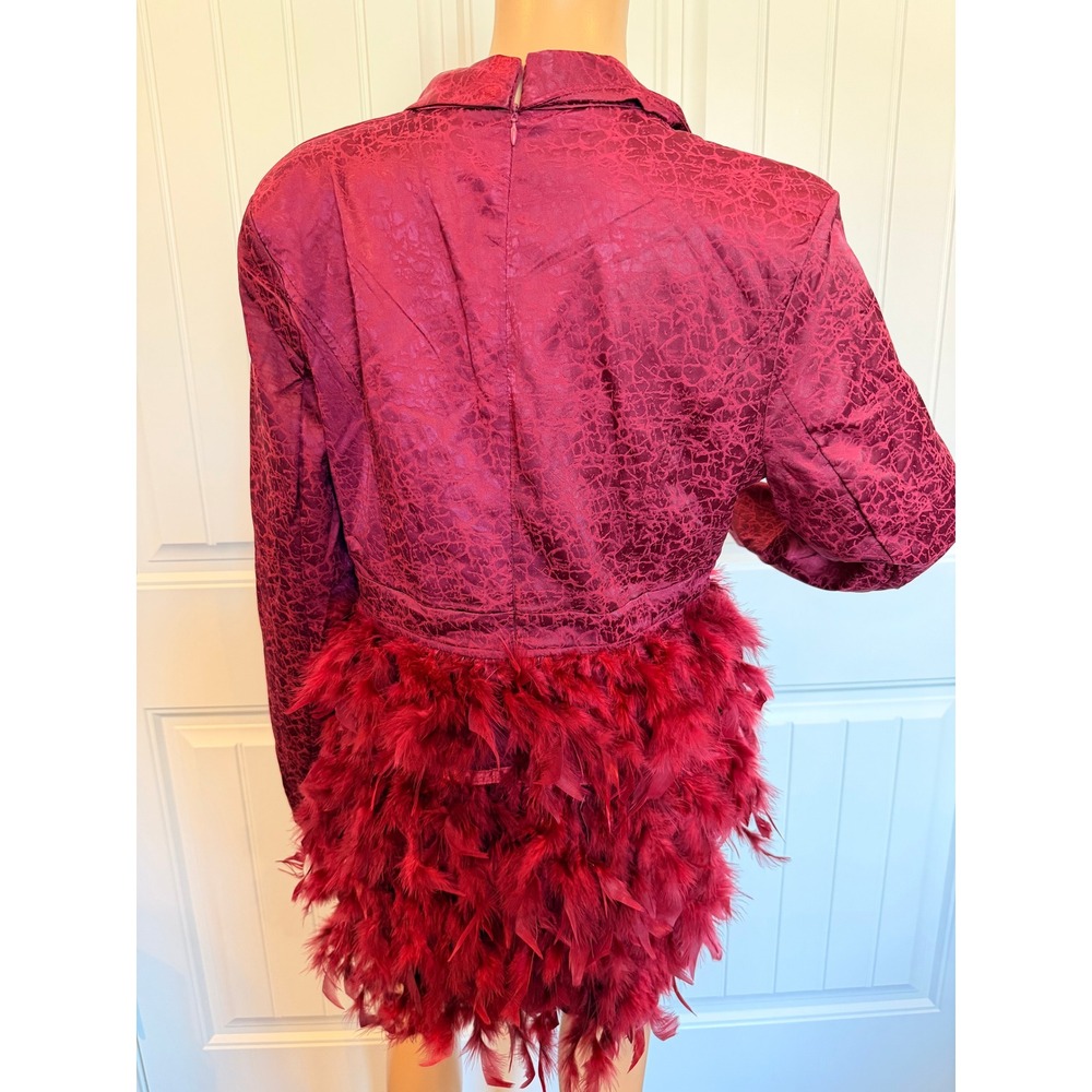 Burgundy Blazer Mini Dress Faux Feather Hem Deep V-Neck Lg Party Cocktail Baddie - Picture 10 of 16